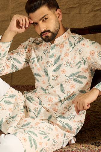 Men white viscose rayon floral embroidered straight kurta with trouser