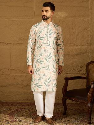 Men white viscose rayon floral embroidered straight kurta with trouser 2