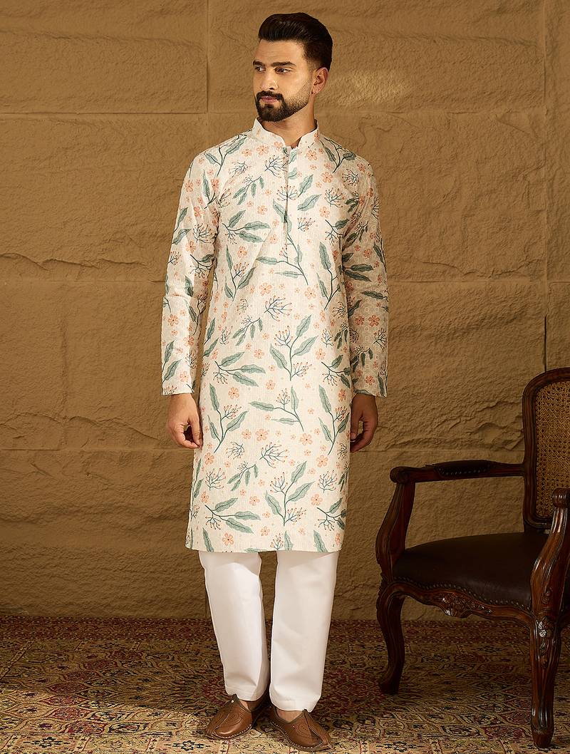 Men white viscose rayon floral embroidered straight kurta with trouser