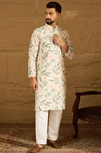 Men white viscose rayon floral embroidered straight kurta with trouser