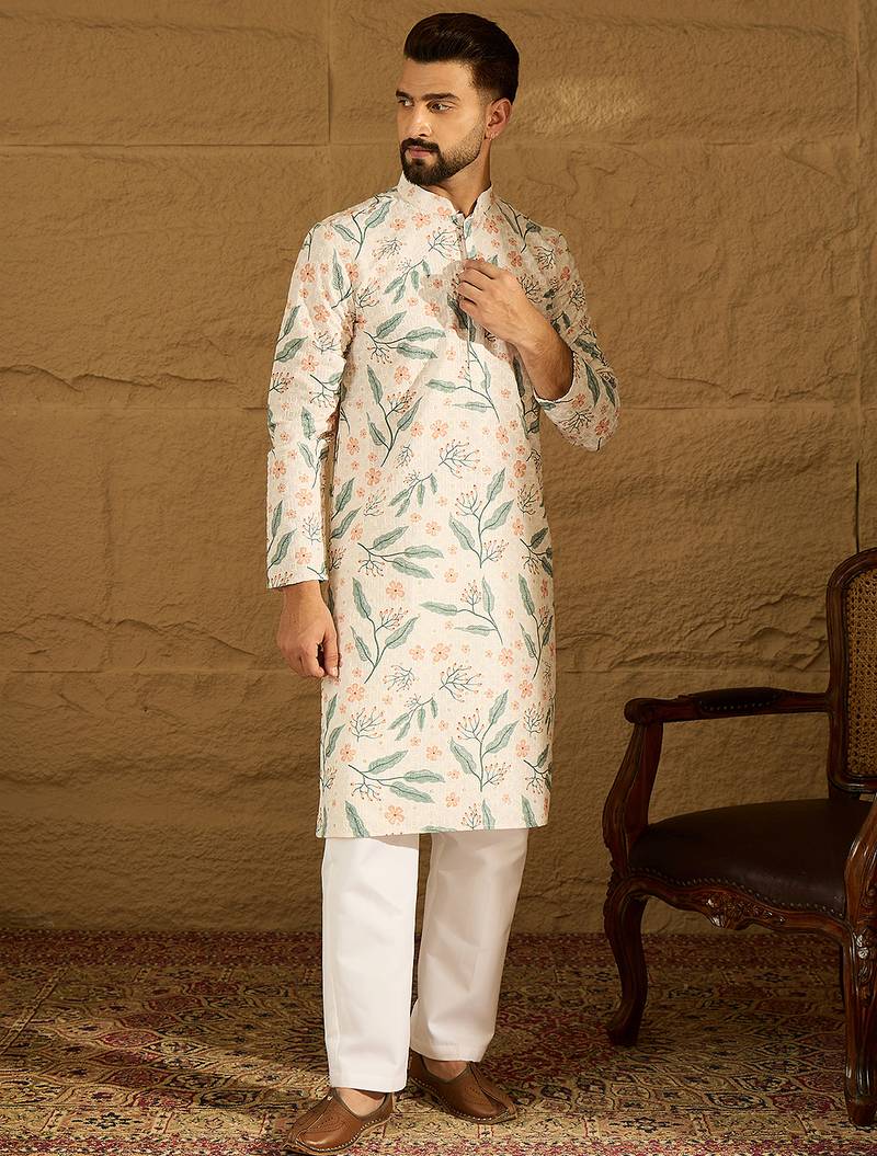 Men white viscose rayon floral embroidered straight kurta with trouser