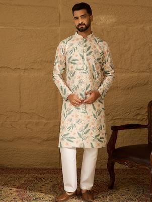 Men white viscose rayon floral embroidered straight kurta with trouser 5