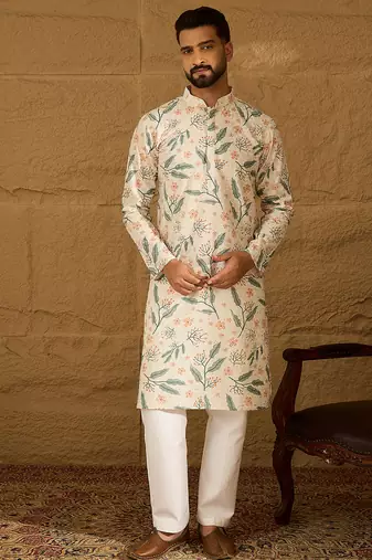 Men white viscose rayon floral embroidered straight kurta with trouser