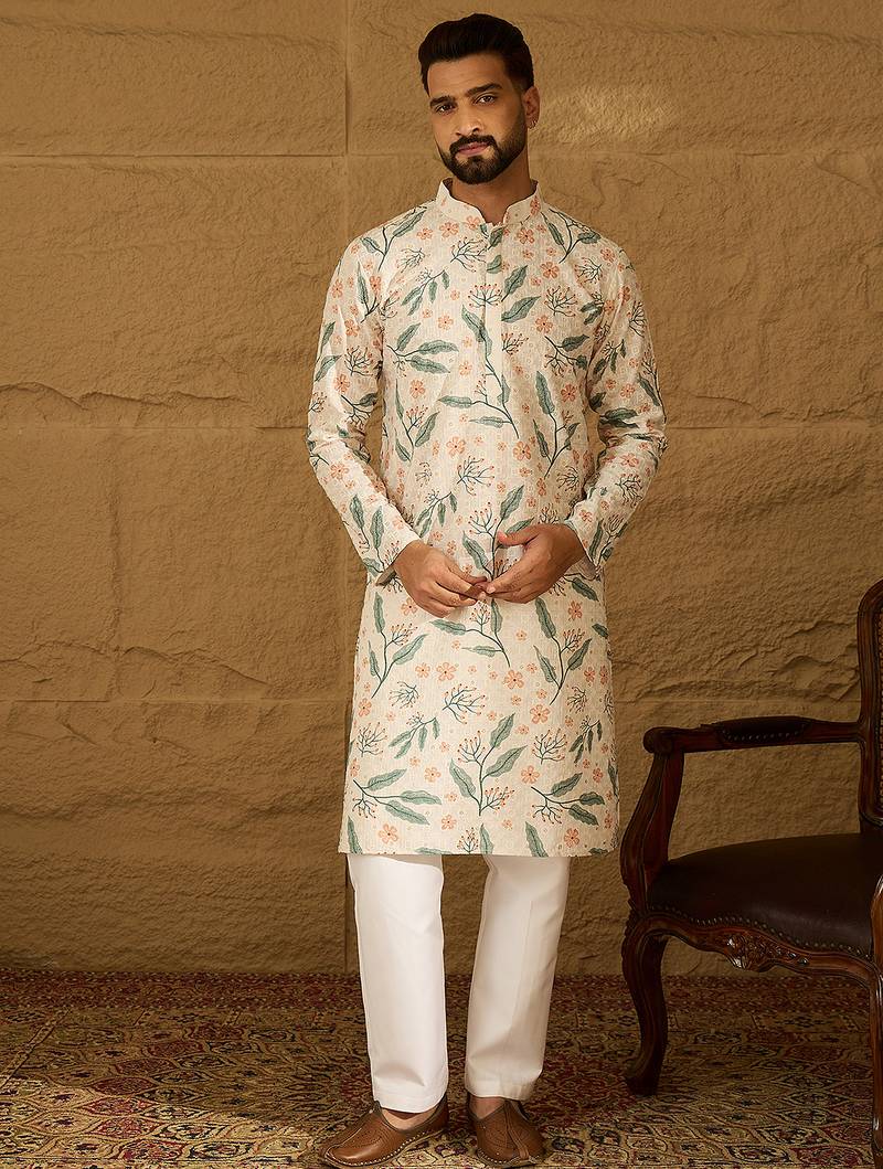 Men white viscose rayon floral embroidered straight kurta with trouser