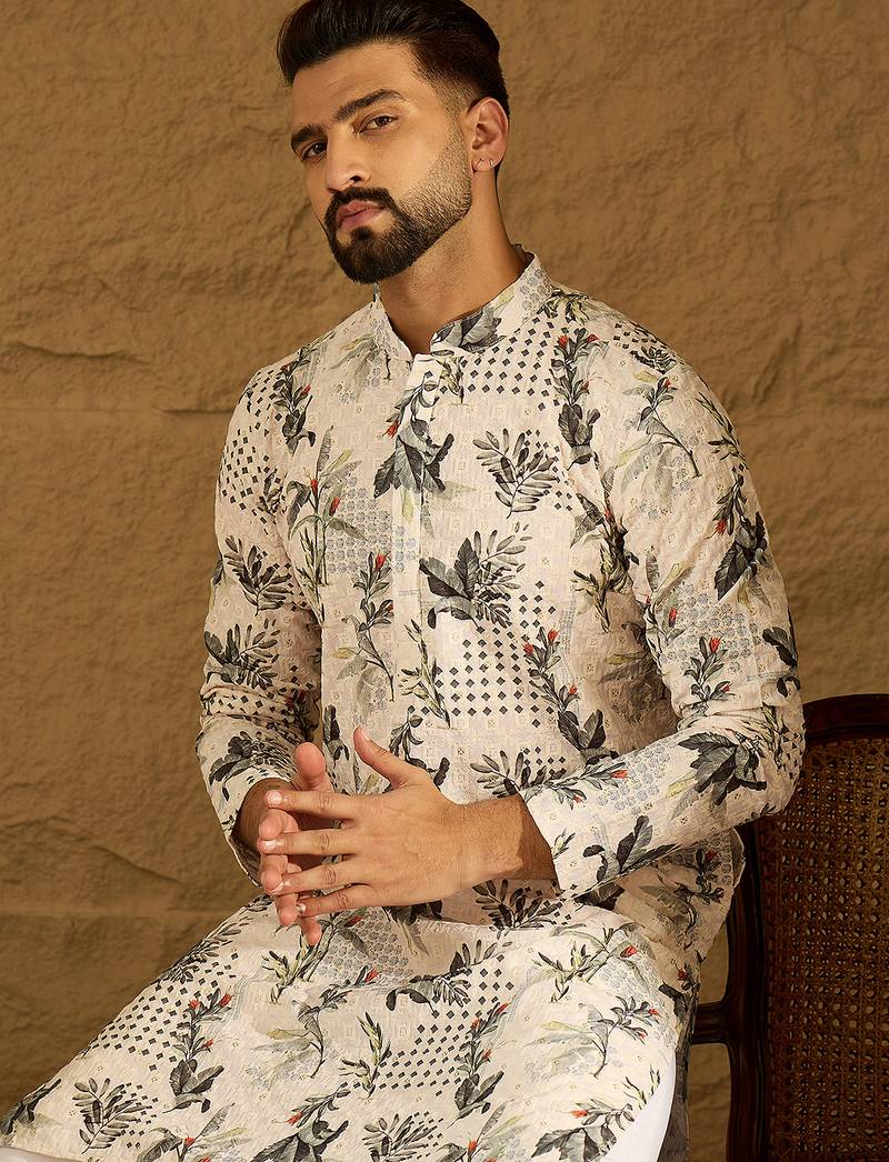Men off white viscose rayon geometric printed straight kurta with trouser