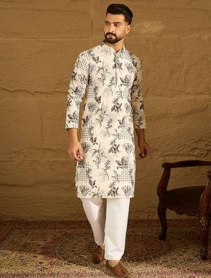 Men off white viscose rayon geometric printed straight kurta with trouser 2