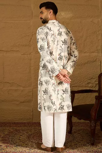 Men off white viscose rayon geometric printed straight kurta with trouser