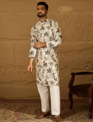 Men off white viscose rayon geometric printed straight kurta with trouser 5