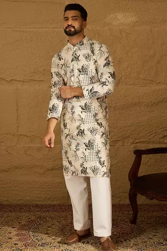 Men off white viscose rayon geometric printed straight kurta with trouser