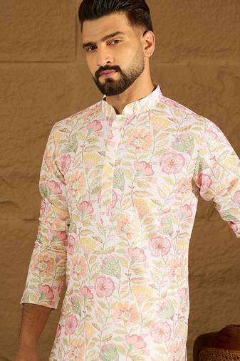 Men white viscose rayon floral embroidered straight kurta with trouser