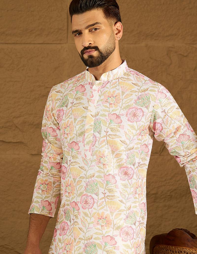 Men white viscose rayon floral embroidered straight kurta with trouser