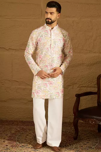 Men white viscose rayon floral embroidered straight kurta with trouser