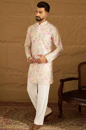 Men white viscose rayon floral embroidered straight kurta with trouser