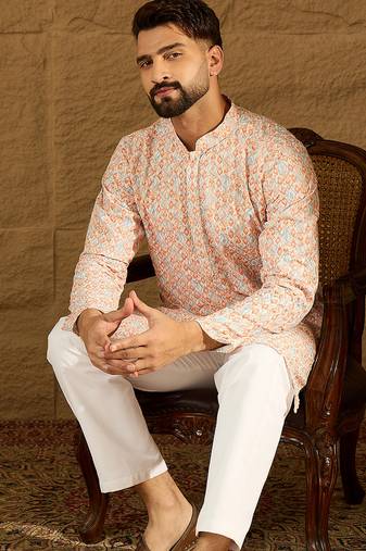 Men orange viscose rayon geometric printed straight kurta with trouser