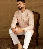 Men orange viscose rayon geometric printed straight kurta with trouser