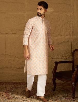 Men orange viscose rayon geometric printed straight kurta with trouser 3
