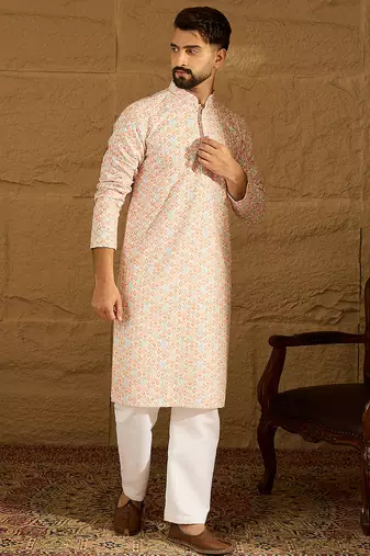 Men orange viscose rayon geometric printed straight kurta with trouser