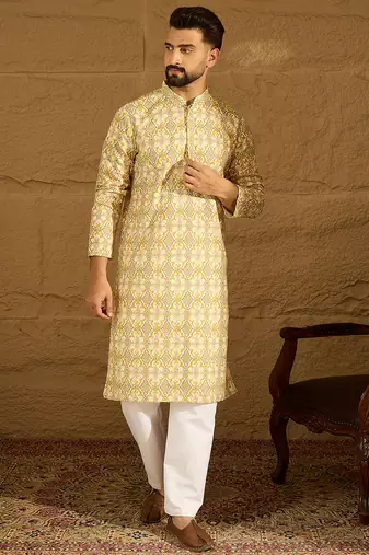 Men yellow viscose rayon geometric printed straight kurta with trouser