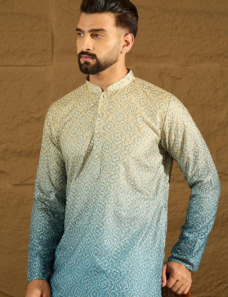 Men blue cotton bandhani embroidered straight kurta with trouser