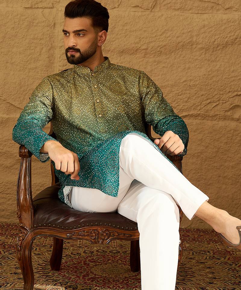 Men green cotton bandhani embroidered straight kurta with trouser