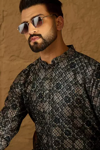 Men black viscose rayon geometric printed straight kurta with trouser