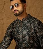 Men black viscose rayon geometric printed straight kurta with trouser