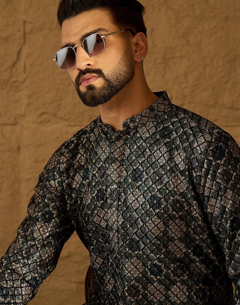 Men black viscose rayon geometric printed straight kurta with trouser