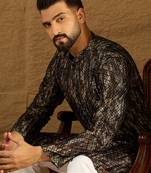 Men black viscose rayon striped printed straight kurta with trouser