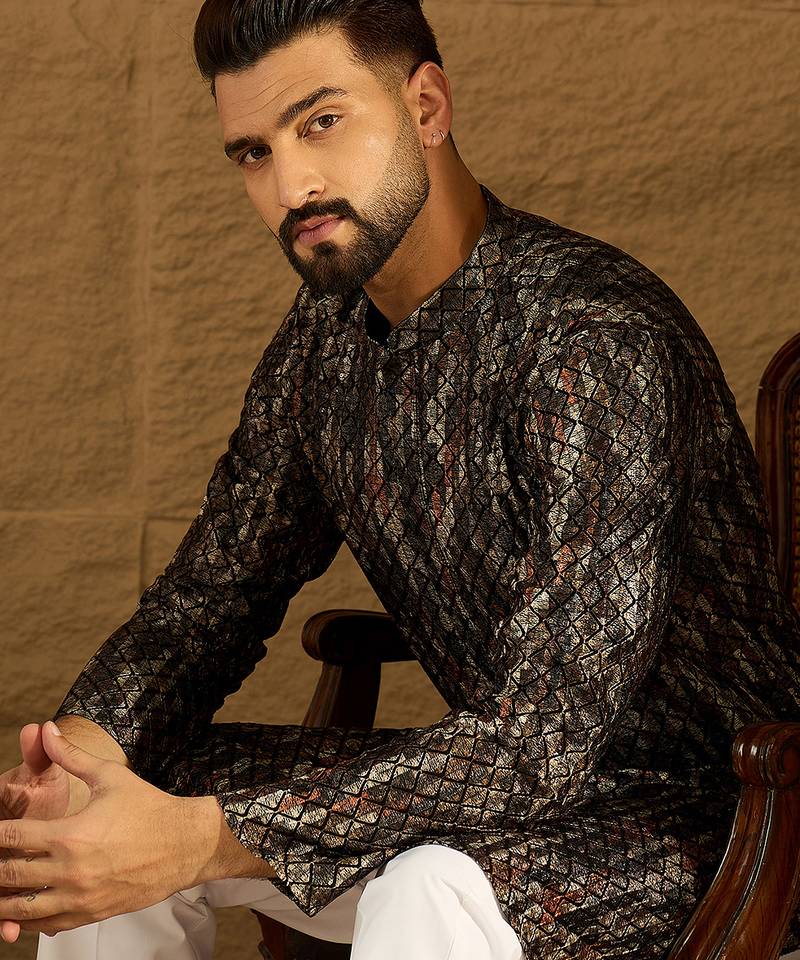 Men black viscose rayon striped printed straight kurta with trouser