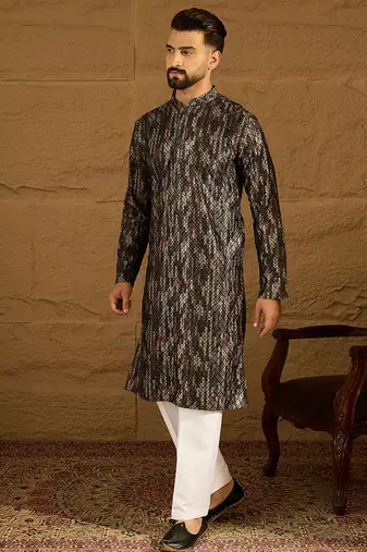 Men black viscose rayon striped printed straight kurta with trouser