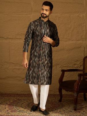 Men black viscose rayon striped printed straight kurta with trouser 5
