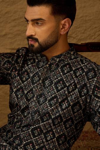 Men black viscose rayon geometric printed straight kurta with trouser