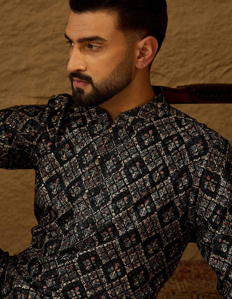 Men black viscose rayon geometric printed straight kurta with trouser