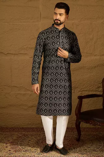 Men black viscose rayon geometric printed straight kurta with trouser