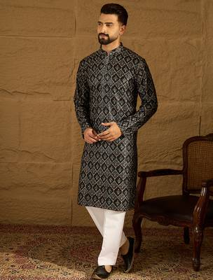 Men black viscose rayon geometric printed straight kurta with trouser 3