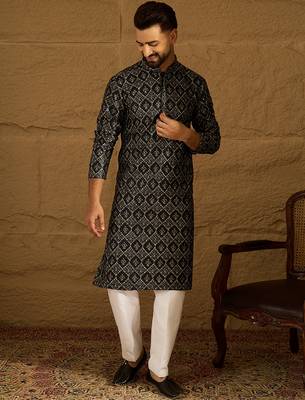 Men black viscose rayon geometric printed straight kurta with trouser 5