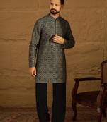 Men navy blue viscose rayon geometric printed straight kurta with trouser
