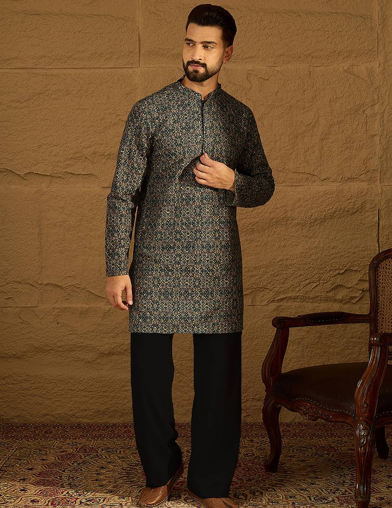 Men navy blue viscose rayon geometric printed straight kurta with trouser