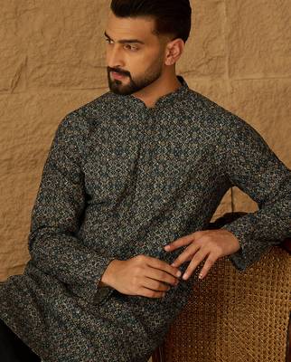 Men navy blue viscose rayon geometric printed straight kurta with trouser 2