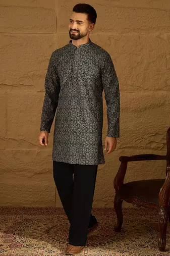 Men navy blue viscose rayon geometric printed straight kurta with trouser