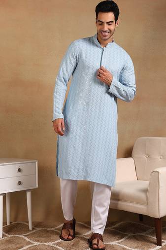 Men blue viscose rayon solid embroidered straight kurta