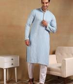 Men blue viscose rayon solid embroidered straight kurta