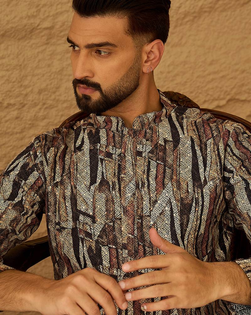 Men black viscose rayon abstract printed straight kurta with trouser