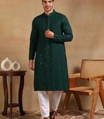 Men green viscose rayon solid embroidered straight kurta