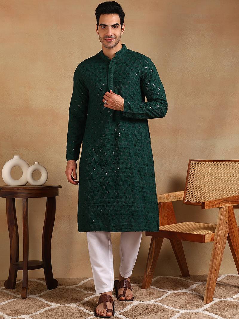 Men green viscose rayon solid embroidered straight kurta