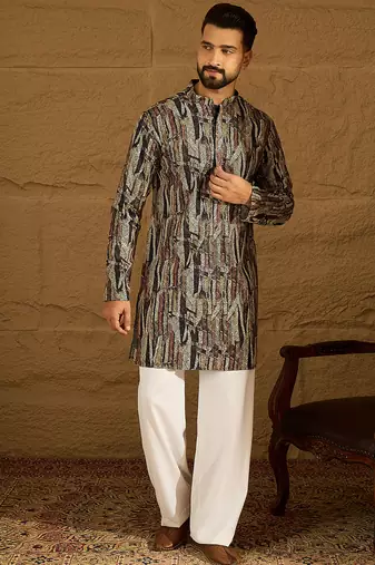 Men black viscose rayon abstract printed straight kurta with trouser