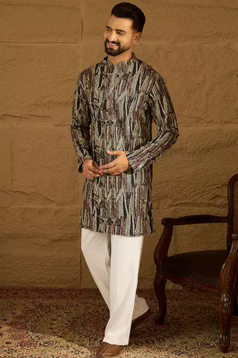 Men black viscose rayon abstract printed straight kurta with trouser