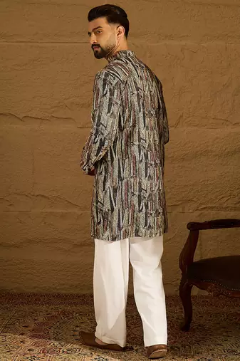Men black viscose rayon abstract printed straight kurta with trouser