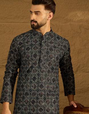 Men black cotton solid embroidered straight kurta with trouser 1