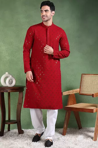 Men maroon viscose rayon solid embroidered straight kurta